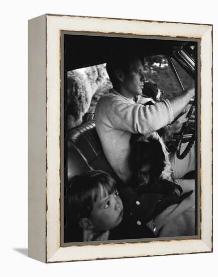 Senator Robert Kennedy Driving Car with Pet Springer Spaniel over His Lap and Son Max Beside Him-Bill Eppridge-Framed Premier Image Canvas