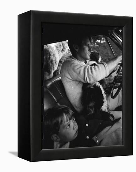 Senator Robert Kennedy Driving Car with Pet Springer Spaniel over His Lap and Son Max Beside Him-Bill Eppridge-Framed Premier Image Canvas