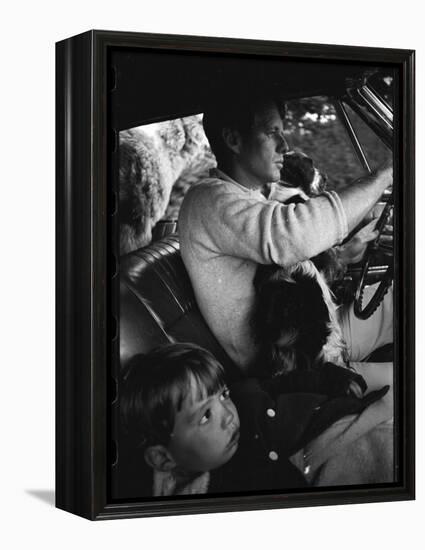 Senator Robert Kennedy Driving Car with Pet Springer Spaniel over His Lap and Son Max Beside Him-Bill Eppridge-Framed Premier Image Canvas
