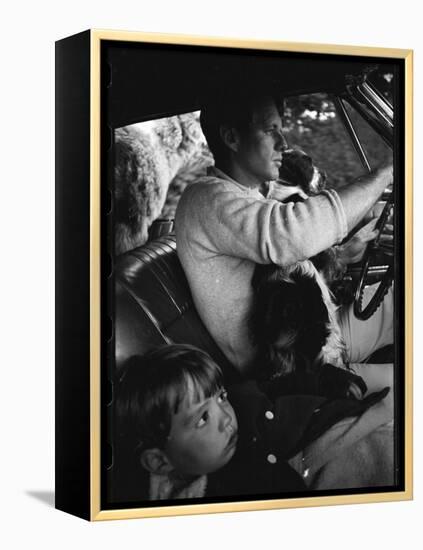 Senator Robert Kennedy Driving Car with Pet Springer Spaniel over His Lap and Son Max Beside Him-Bill Eppridge-Framed Premier Image Canvas