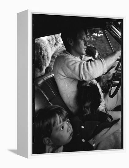 Senator Robert Kennedy Driving Car with Pet Springer Spaniel over His Lap and Son Max Beside Him-Bill Eppridge-Framed Premier Image Canvas