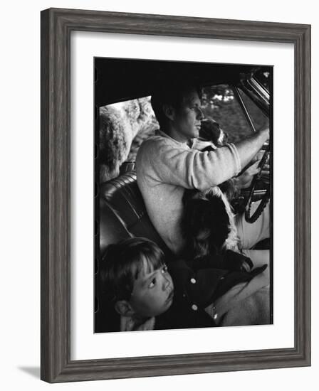 Senator Robert Kennedy Driving Car with Pet Springer Spaniel over His Lap and Son Max Beside Him-Bill Eppridge-Framed Photographic Print