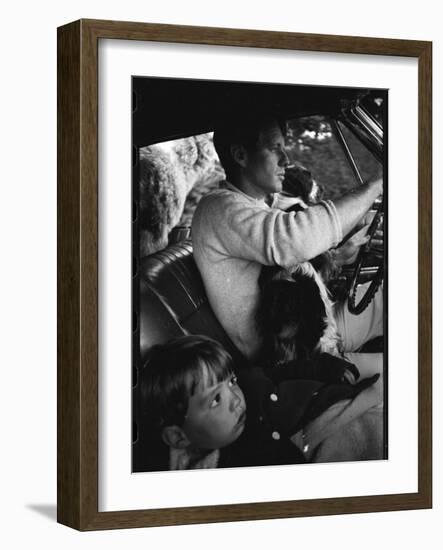 Senator Robert Kennedy Driving Car with Pet Springer Spaniel over His Lap and Son Max Beside Him-Bill Eppridge-Framed Photographic Print