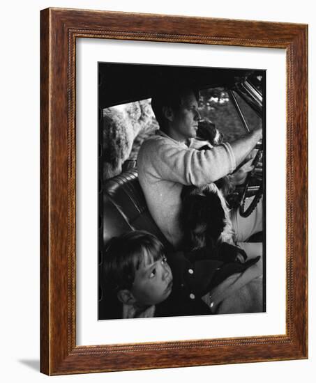 Senator Robert Kennedy Driving Car with Pet Springer Spaniel over His Lap and Son Max Beside Him-Bill Eppridge-Framed Photographic Print