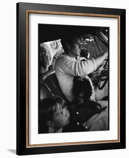 Senator Robert Kennedy Driving Car with Pet Springer Spaniel over His Lap and Son Max Beside Him-Bill Eppridge-Framed Photographic Print