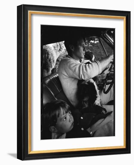 Senator Robert Kennedy Driving Car with Pet Springer Spaniel over His Lap and Son Max Beside Him-Bill Eppridge-Framed Photographic Print