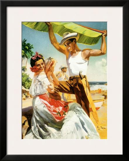 Señorita on Beach with Banana Leaf-null-Framed Giclee Print