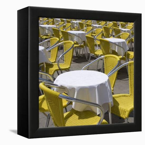 Sense of Place, Venice, Piazza San Marco, Saint Marks' Square. Round Cafe Tables with Yellow Chairs-Mike Burton-Framed Premier Image Canvas