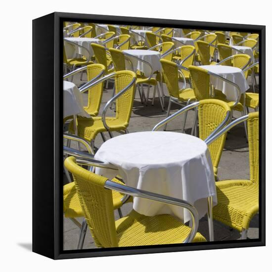 Sense of Place, Venice, Piazza San Marco, Saint Marks' Square. Round Cafe Tables with Yellow Chairs-Mike Burton-Framed Premier Image Canvas