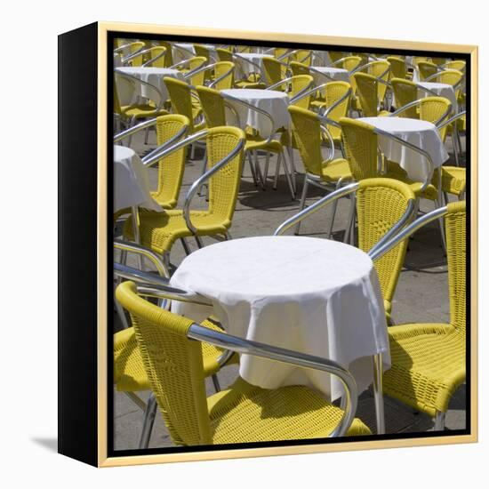 Sense of Place, Venice, Piazza San Marco, Saint Marks' Square. Round Cafe Tables with Yellow Chairs-Mike Burton-Framed Premier Image Canvas