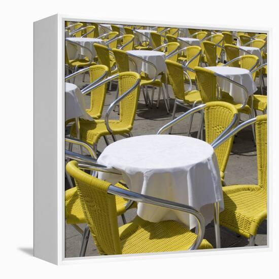 Sense of Place, Venice, Piazza San Marco, Saint Marks' Square. Round Cafe Tables with Yellow Chairs-Mike Burton-Framed Premier Image Canvas