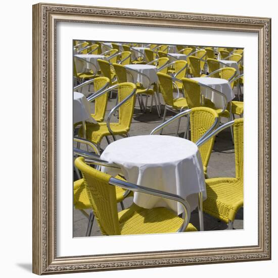 Sense of Place, Venice, Piazza San Marco, Saint Marks' Square. Round Cafe Tables with Yellow Chairs-Mike Burton-Framed Photographic Print