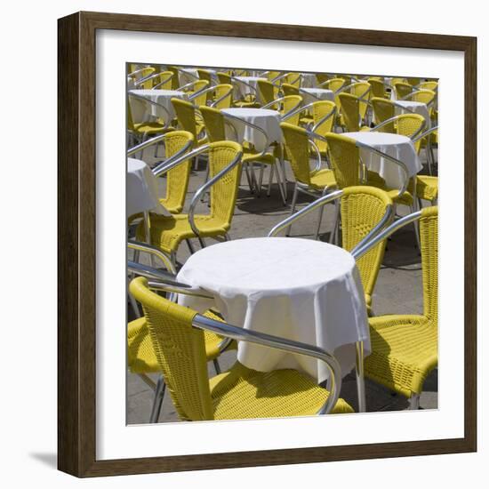 Sense of Place, Venice, Piazza San Marco, Saint Marks' Square. Round Cafe Tables with Yellow Chairs-Mike Burton-Framed Photographic Print