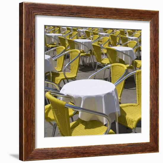 Sense of Place, Venice, Piazza San Marco, Saint Marks' Square. Round Cafe Tables with Yellow Chairs-Mike Burton-Framed Photographic Print