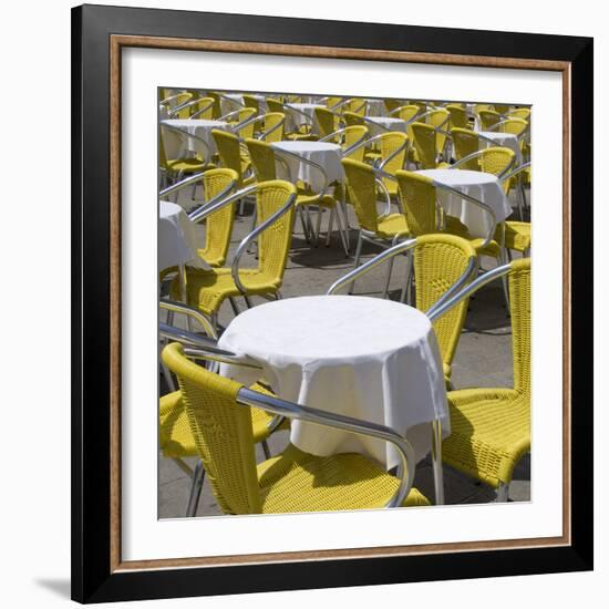 Sense of Place, Venice, Piazza San Marco, Saint Marks' Square. Round Cafe Tables with Yellow Chairs-Mike Burton-Framed Photographic Print