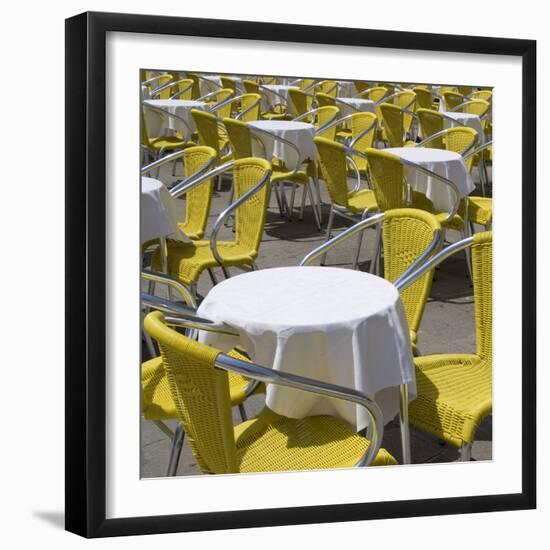 Sense of Place, Venice, Piazza San Marco, Saint Marks' Square. Round Cafe Tables with Yellow Chairs-Mike Burton-Framed Photographic Print