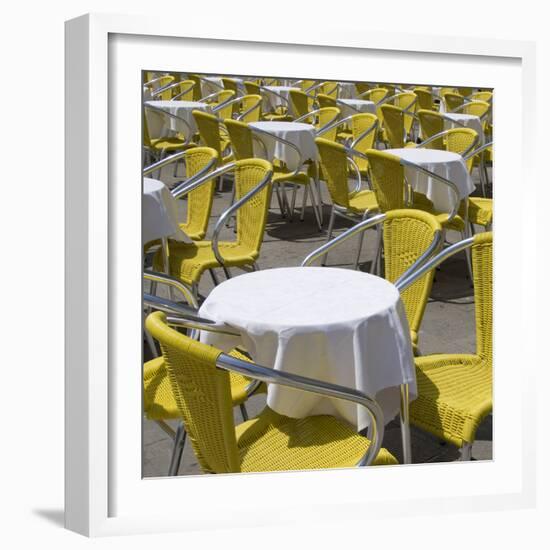 Sense of Place, Venice, Piazza San Marco, Saint Marks' Square. Round Cafe Tables with Yellow Chairs-Mike Burton-Framed Photographic Print