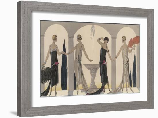 Sensually Draped Dresses with Narrow Beaded Straps Square Necklines and Detailing Over One Hip-Georges Barbier-Framed Photographic Print