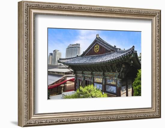 Seoul, South Korea, Gangnam, exterior of the Bongeunsa Buddhist temple with modern buildings in the-Miva Stock-Framed Photographic Print