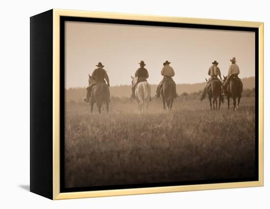 Sepia Effect of Cowboys Riding, Seneca, Oregon, USA-Nancy & Steve Ross-Framed Premier Image Canvas