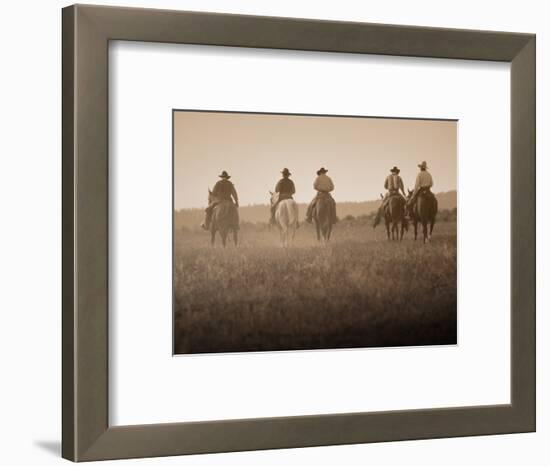 Sepia Effect of Cowboys Riding, Seneca, Oregon, USA-Nancy & Steve Ross-Framed Photographic Print