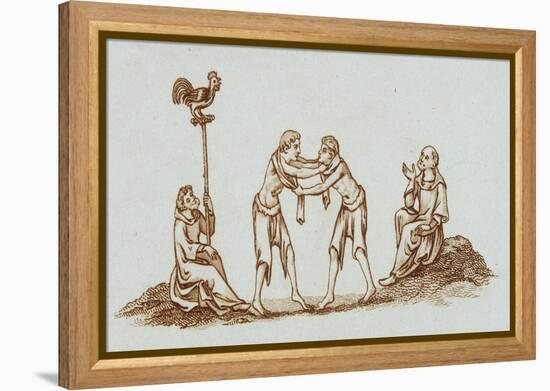 Sepia Engraving of 14th Century Scene with Wrestlers-null-Framed Premier Image Canvas