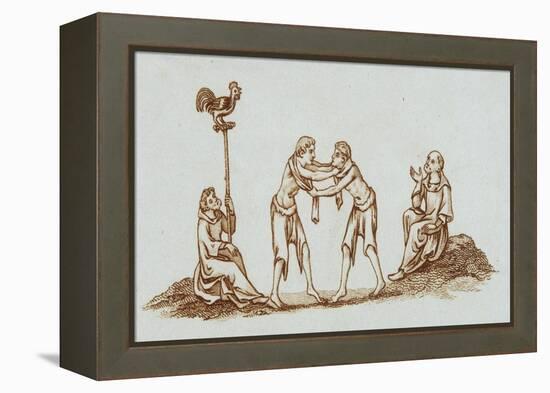 Sepia Engraving of 14th Century Scene with Wrestlers-null-Framed Premier Image Canvas