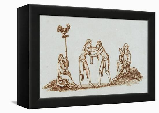 Sepia Engraving of 14th Century Scene with Wrestlers-null-Framed Premier Image Canvas