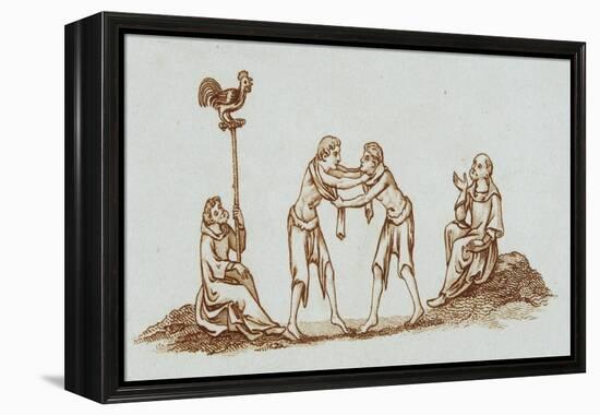 Sepia Engraving of 14th Century Scene with Wrestlers-null-Framed Premier Image Canvas