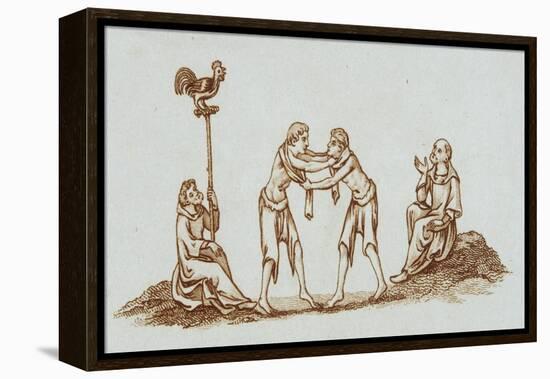 Sepia Engraving of 14th Century Scene with Wrestlers-null-Framed Premier Image Canvas