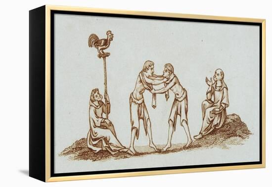Sepia Engraving of 14th Century Scene with Wrestlers-null-Framed Premier Image Canvas