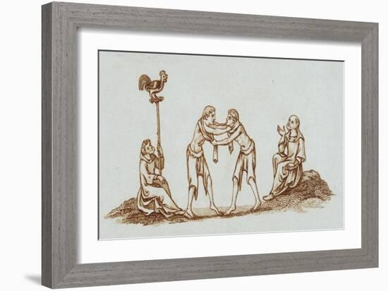 Sepia Engraving of 14th Century Scene with Wrestlers-null-Framed Giclee Print