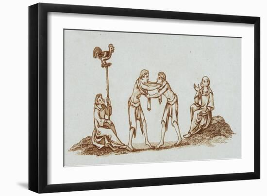 Sepia Engraving of 14th Century Scene with Wrestlers-null-Framed Giclee Print