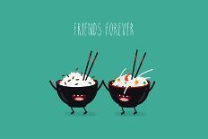 Funny Rice Noodles and Rice in Black Plates. Friend Forever. Vector Illustration. Comic Character-Serbinka-Art Print