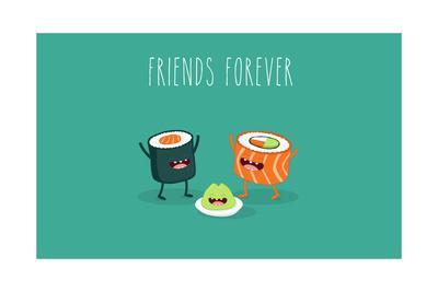 Sushi Roll And Wasabi Japanese Food Vector Cartoon Friends Forever Comic Characters Art Print Serbinka Art Com