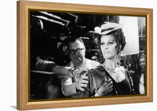 Sergio Leone (1929 - 1989) and Claudia Cardinale during the shooting of Once Upon a Time in the Wes-null-Framed Stretched Canvas