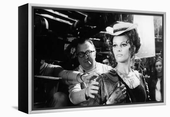 Sergio Leone (1929 - 1989) and Claudia Cardinale during the shooting of Once Upon a Time in the Wes-null-Framed Stretched Canvas