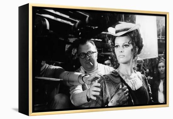 Sergio Leone (1929 - 1989) and Claudia Cardinale during the shooting of Once Upon a Time in the Wes-null-Framed Stretched Canvas