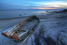 Old Abandoned Broken Boat at Sea against Sea Landscape.-sergoua-Photographic Print