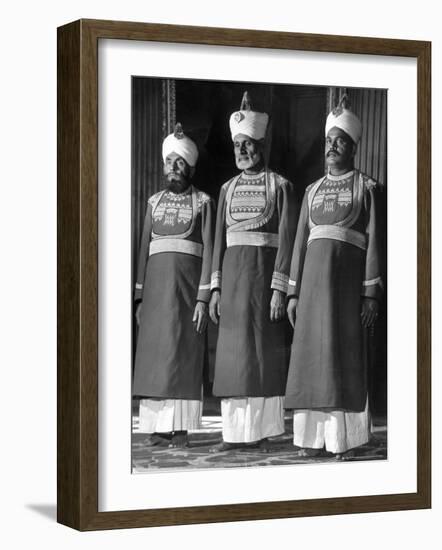 Servants of British Lord Archibald Wavell, Viceroy of India, in Scarlet and Gold Uniforms-Margaret Bourke-White-Framed Photographic Print