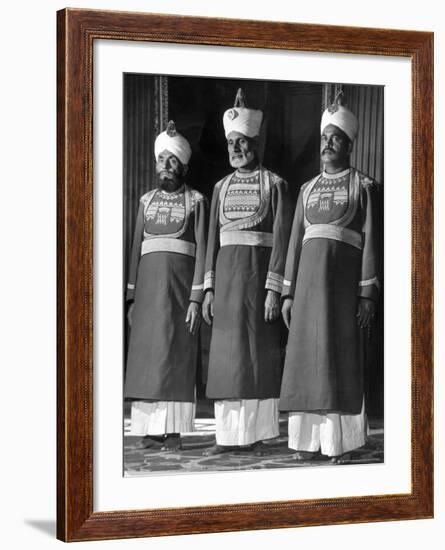 Servants of British Lord Archibald Wavell, Viceroy of India, in Scarlet and Gold Uniforms-Margaret Bourke-White-Framed Photographic Print