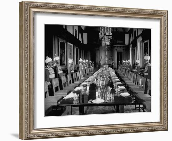 Servants of British Lord Archibald Wavell, Viceroy of India, in their Scarlet and Gold Uniforms-Margaret Bourke-White-Framed Photographic Print