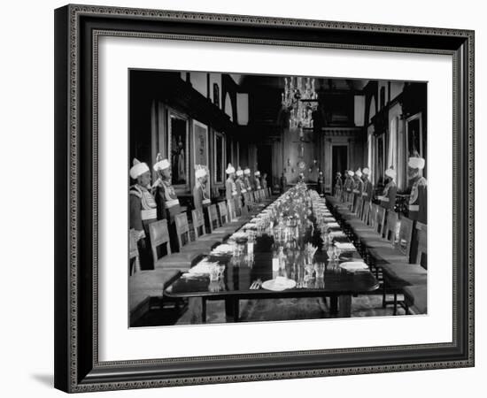 Servants of British Lord Archibald Wavell, Viceroy of India, in their Scarlet and Gold Uniforms-Margaret Bourke-White-Framed Photographic Print