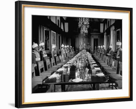 Servants of British Lord Archibald Wavell, Viceroy of India, in their Scarlet and Gold Uniforms-Margaret Bourke-White-Framed Photographic Print