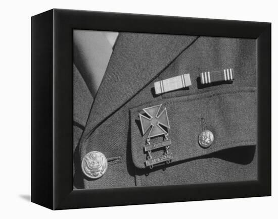 Service ribbons and qualification badge above pocket of military uniform worn by Jimmie Shohara-Ansel Adams-Framed Premier Image Canvas