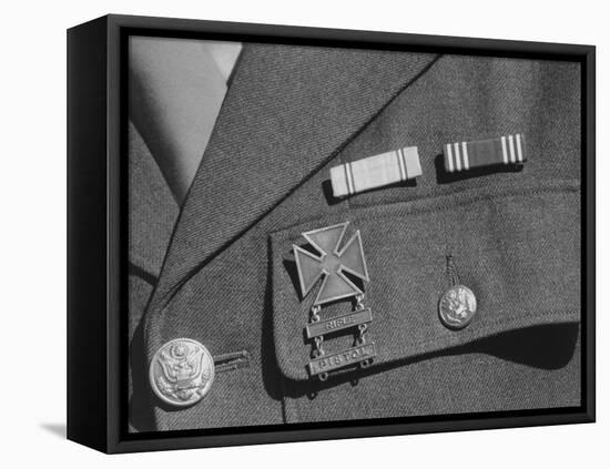 Service ribbons and qualification badge above pocket of military uniform worn by Jimmie Shohara-Ansel Adams-Framed Premier Image Canvas