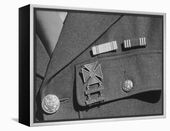 Service ribbons and qualification badge above pocket of military uniform worn by Jimmie Shohara-Ansel Adams-Framed Premier Image Canvas