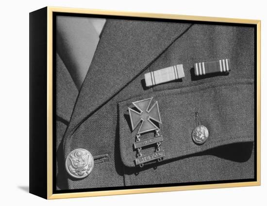 Service ribbons and qualification badge above pocket of military uniform worn by Jimmie Shohara-Ansel Adams-Framed Premier Image Canvas