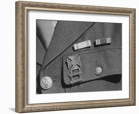 Service ribbons and qualification badge above pocket of military uniform worn by Jimmie Shohara-Ansel Adams-Framed Photographic Print