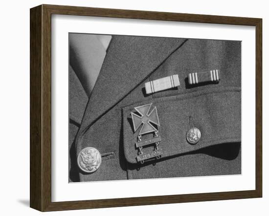 Service ribbons and qualification badge above pocket of military uniform worn by Jimmie Shohara-Ansel Adams-Framed Photographic Print